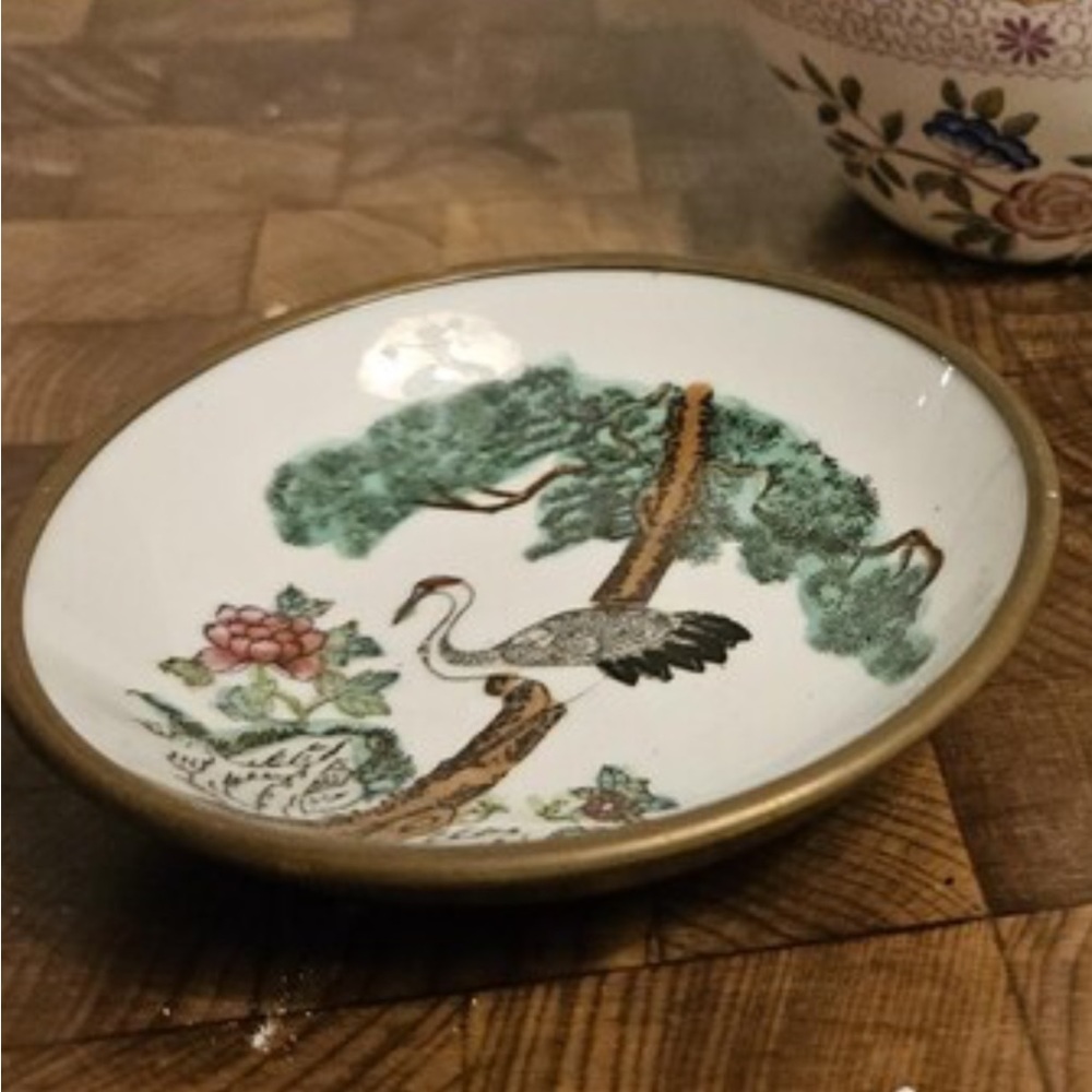 Vintage Asian Crane & Tree Porcelain Dish - Green, White, Gold.